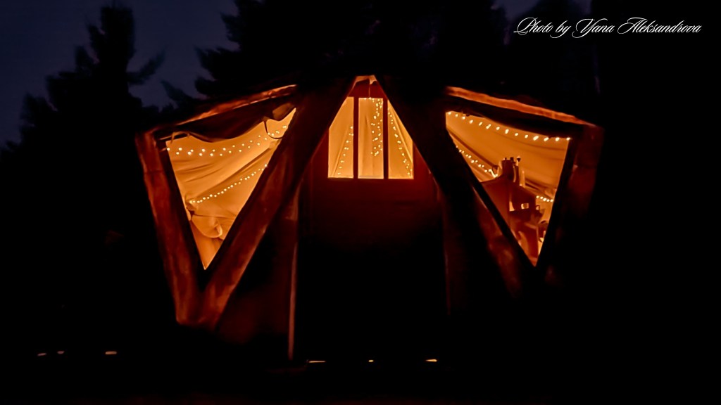 Getaway in Nova Scotia, yurt glamping experience photo yurt in the woods at night