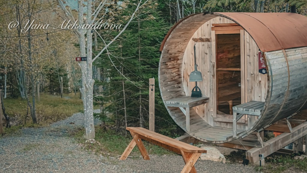 Photo of wood-burning cedar sauna at Sally's Brook Wilderness Cabins Retreat, Englishtown, Cape Breton Island