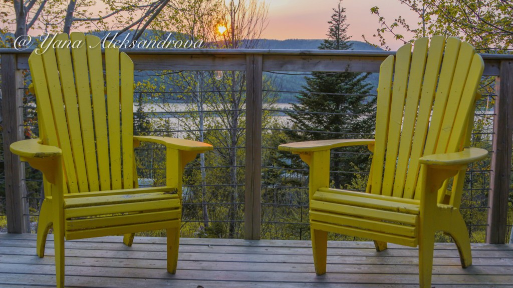 Deck of Hummingbird Pod at Sally's Brook Wilderness Cabins Retreat, Englishtown, Cape Breton