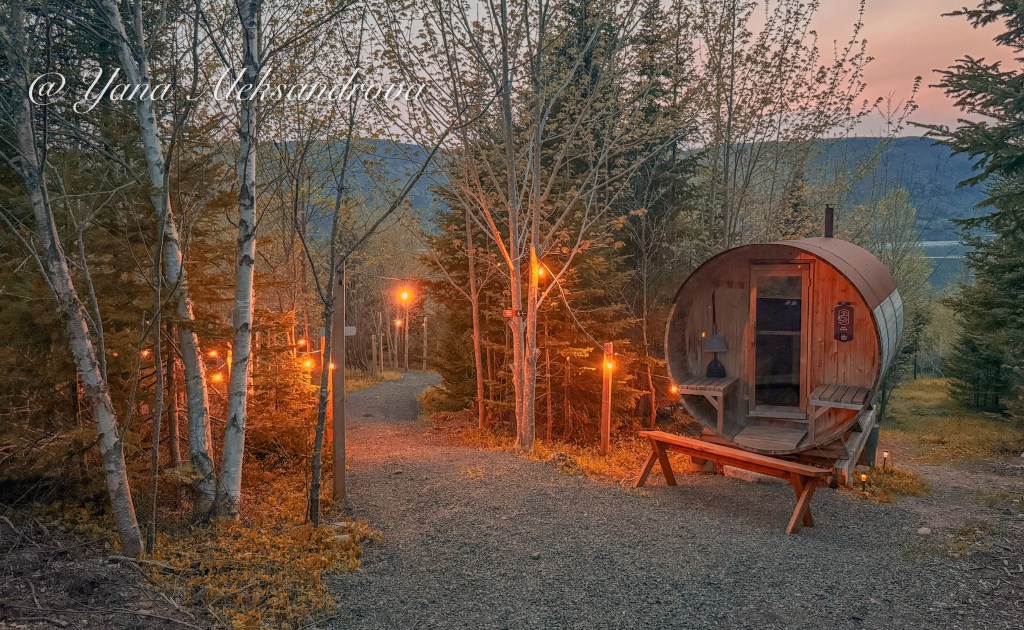 Photo of wood-burning cedar sauna at Sally's Brook Wilderness Cabins Retreat, Englishtown, Cape Breton Island