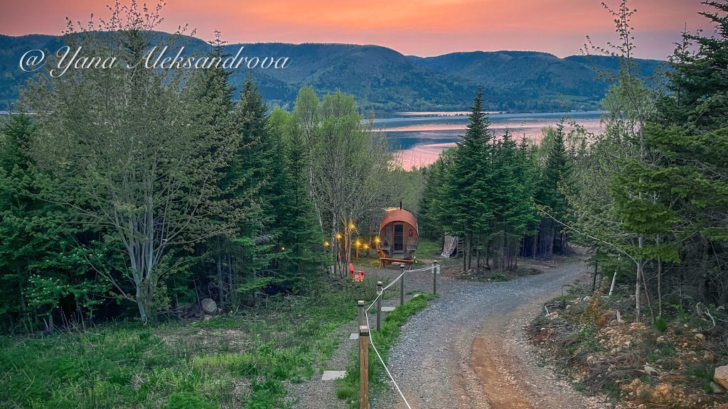 Photo of wood-burning cedar sauna at Sally's Brook Wilderness Cabins Retreat, Englishtown, Cape Breton Island
