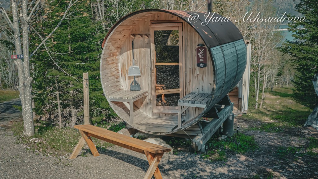 Photo of wood-burning cedar sauna at Sally's Brook Wilderness Cabins Retreat, Englishtown, Cape Breton Island